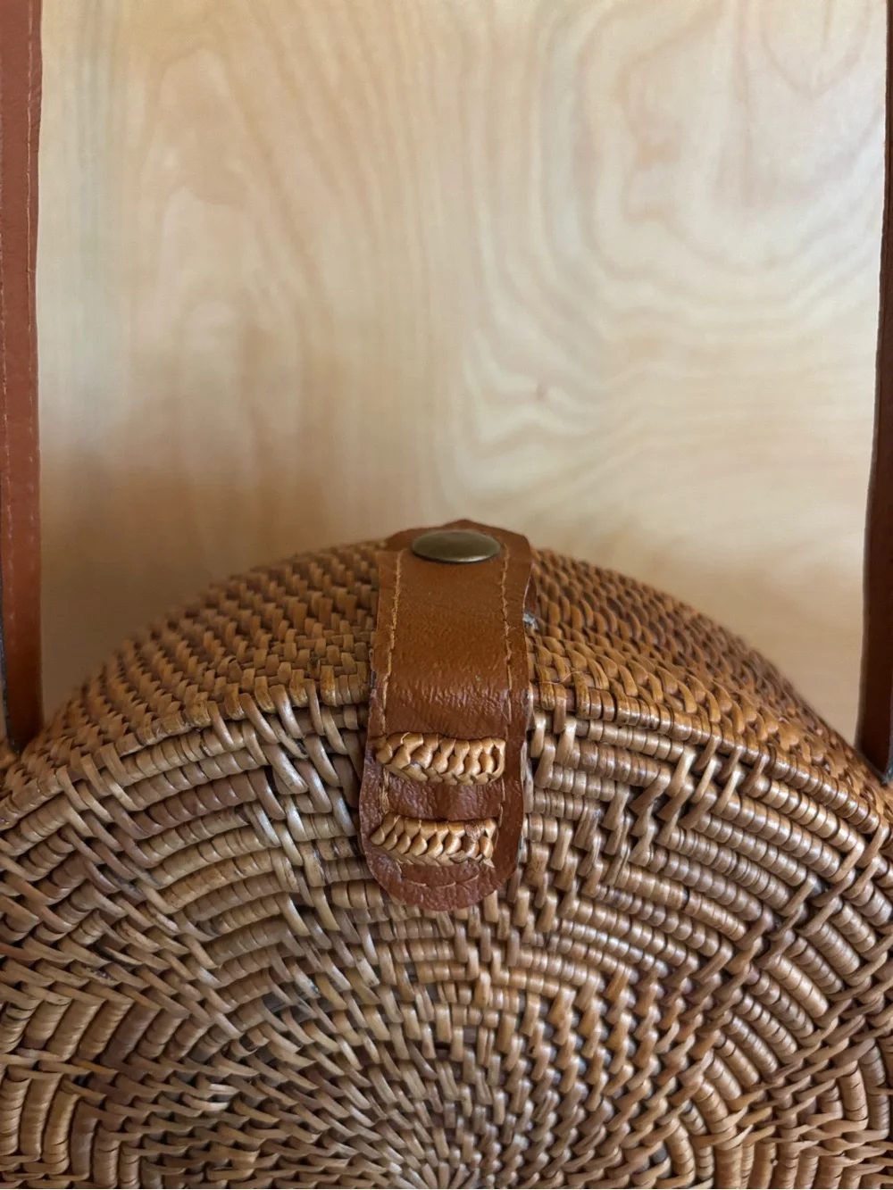 Round Woven Rattan Crossbody Bag - Vegan Leather Strap
